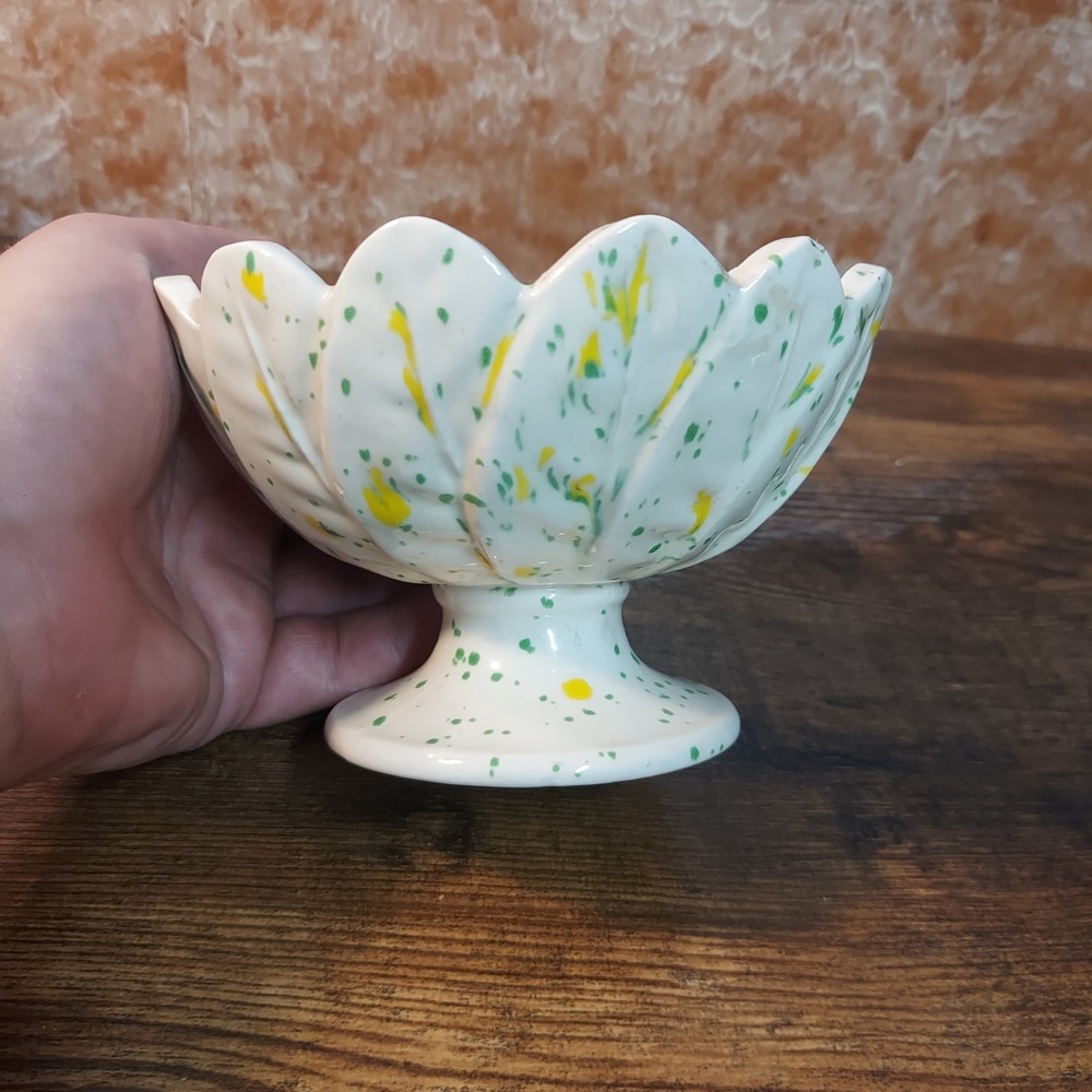Sage Studio Pottery Ceramic Scalloped Leaf Pedestal Bowl Green Yellow Splatter